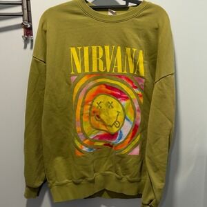 Nirvana Smiley Face Graphic Sweatshirt Olive Green Tie Dye Grunge Cotton Top